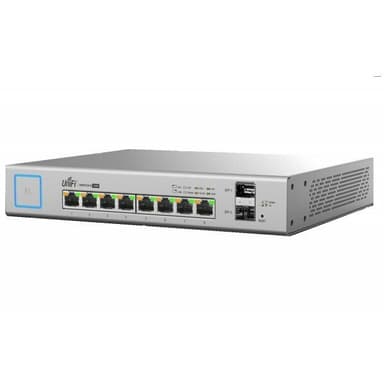 UniFi 8Port 150W PoE Gigabit Switch Gigabit RJ45 ports Gigabit SFP Ports Auto-Sensing IEEE 802.3af/at PoE+ Configurable 24V passive PoE 10 Gbps Total Non Blocking Line Rate Managed by Unifi Network and Mobile APP — 1