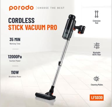 Porodo Cordless Stick Vacuum Pro LFS030 BK – Powerful, Lightweight & Hassle-Free Cleaning — 1