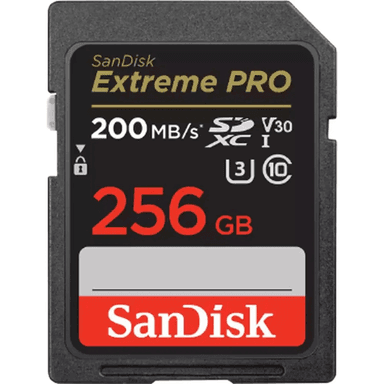 SANDISK Extreme Pro 256 GB SD,200/140MB/s RW,C10,UHS,U3,V30,RPD2,4x6 Box,W/JC,Global SDSDXXD-256G-GN4IN — 1
