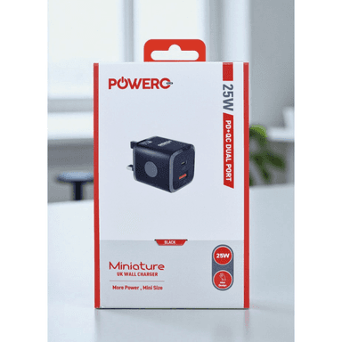 Powero Plus Miniature UK Wall Charger 25W PD+QC Dual Port PR-TCUK26-BK — 1