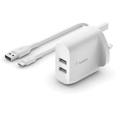 Belkin Boost Charge Dual USB A Wall Charger 24W + USB A To USB C 1M Cable White — 1