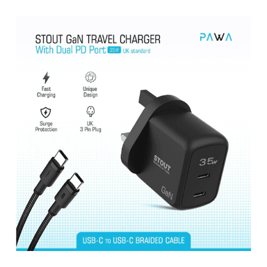Pawa Stout Gan Travel Charger With Dual PD Port 35w Type C to C Black — 1
