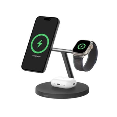 Belkin BoostCharge 3-in-1 Qi2 wireless charger, MagSafe compatible, for Apple iPhone 16 Series, Apple Watch, AirPods, PSU Included - Black / White — 1