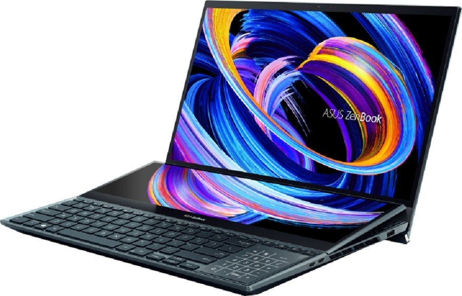 ASUS ZENBOOK PRO DUO UX582ZW-OLED209W | Intel Core i9-12900H 1.80 Gz, 32GB RAM, 1TB SSD, 8GB NVIDIA RTX 3070TI, 15.6" 4K UHD OLED Touchscreen, 14" 4K Screenpad, WiFI, Bluetooth, Camera, Win 11 Home, Eng-Arb Keyboard, Blue Color+ASUS Sleeve & Stylus Pen — image 2