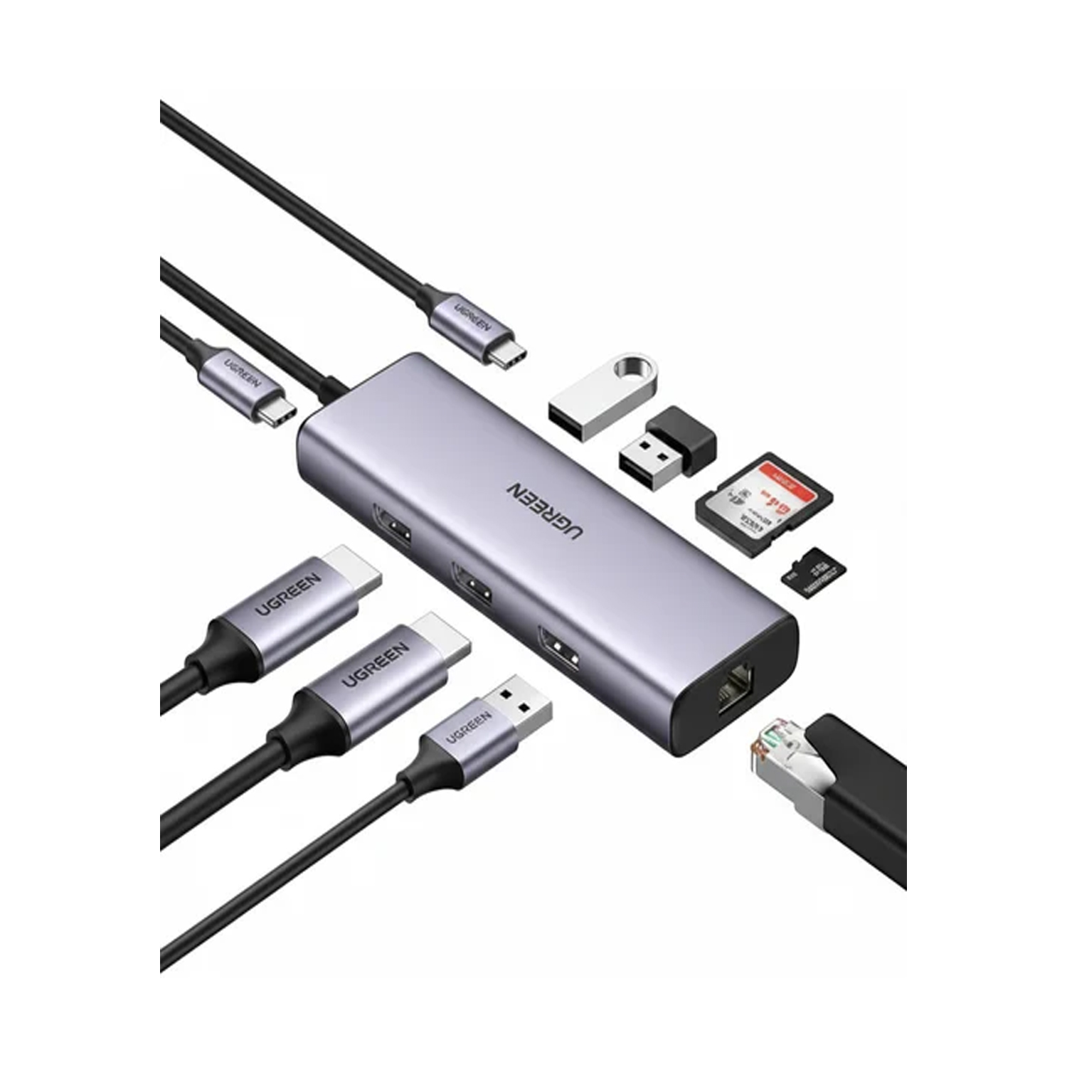 UGREEN 9 in 1 Adapter ( USB-C to 2×USB 3.0+1×USB 2.0+2×HDMI 4K60Hz+RJ45(1000M)+SD+TF+PD CM490 90119 ) — image 2