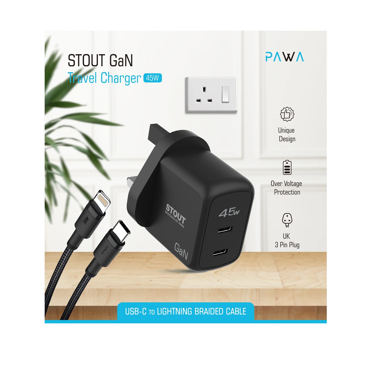 Pawa Stout Gan Travel Charger With Dual PD 45w Black — image 2