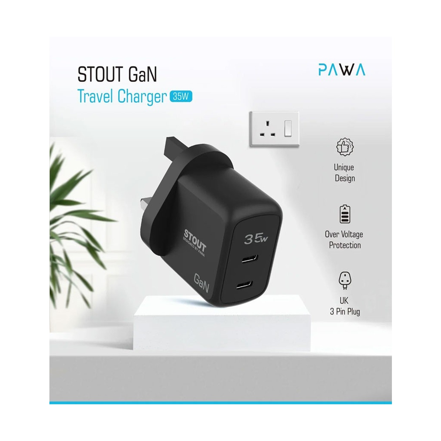 Pawa Stout Gan Travel Charger With Dual PD Port 35w Type C to C Black — image 3
