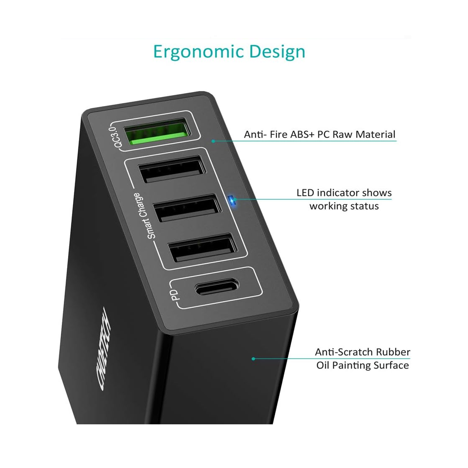 CHOETECH 5 Ports 60W Fast Power Delivery Quick Charger Q3-4U2Q — image 3