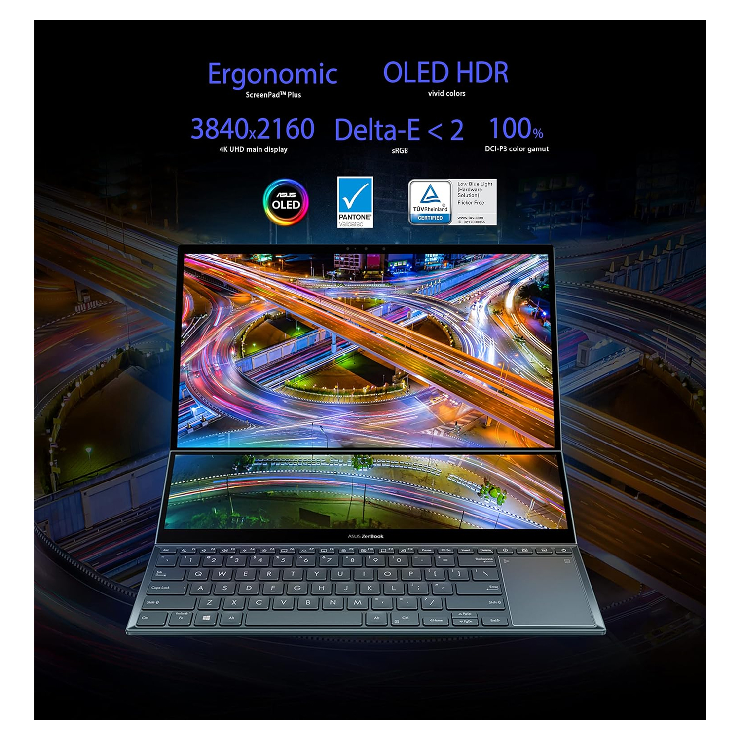 ASUS ZENBOOK PRO DUO UX582ZW-OLED209W | Intel Core i9-12900H 1.80 Gz, 32GB RAM, 1TB SSD, 8GB NVIDIA RTX 3070TI, 15.6" 4K UHD OLED Touchscreen, 14" 4K Screenpad, WiFI, Bluetooth, Camera, Win 11 Home, Eng-Arb Keyboard, Blue Color+ASUS Sleeve & Stylus Pen — image 5