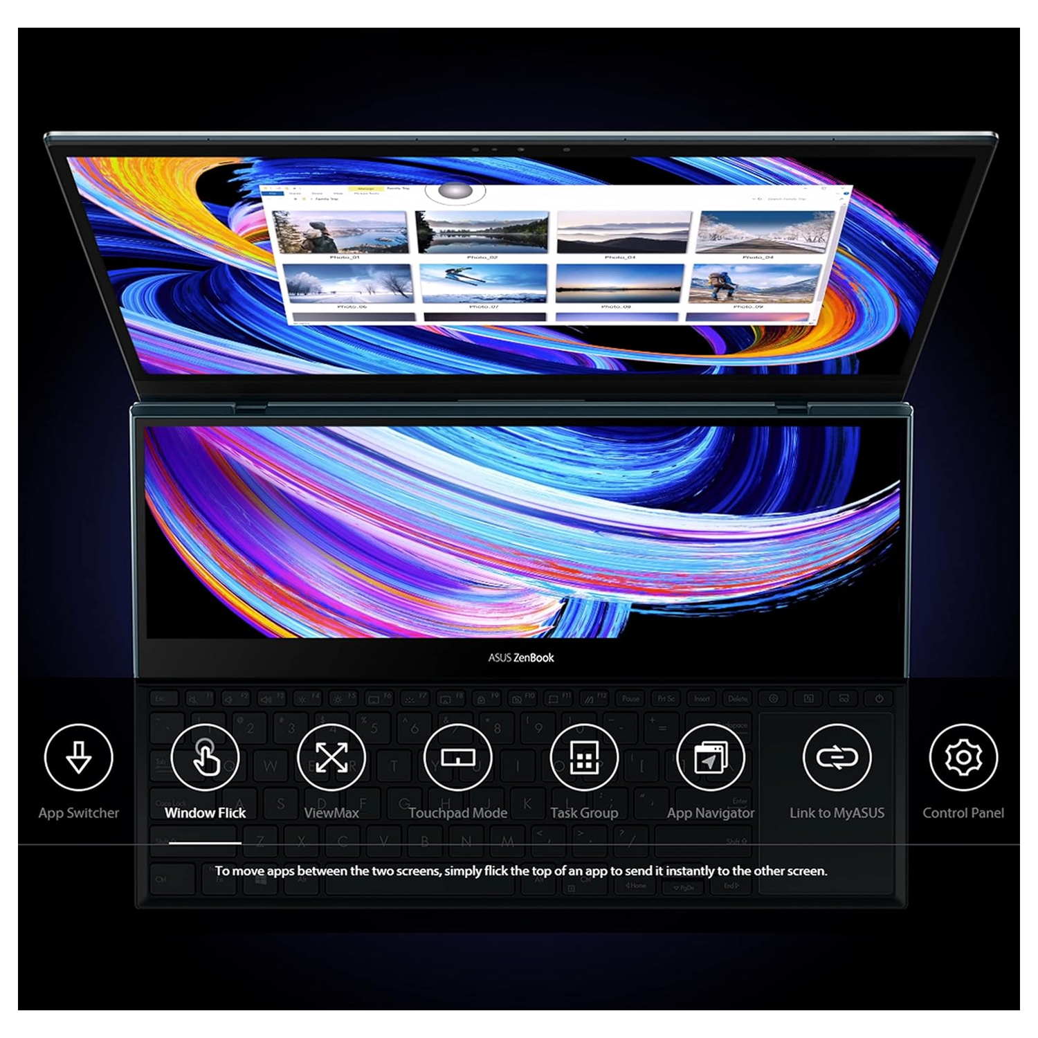 ASUS ZENBOOK PRO DUO UX582ZW-OLED209W | Intel Core i9-12900H 1.80 Gz, 32GB RAM, 1TB SSD, 8GB NVIDIA RTX 3070TI, 15.6" 4K UHD OLED Touchscreen, 14" 4K Screenpad, WiFI, Bluetooth, Camera, Win 11 Home, Eng-Arb Keyboard, Blue Color+ASUS Sleeve & Stylus Pen — image 4