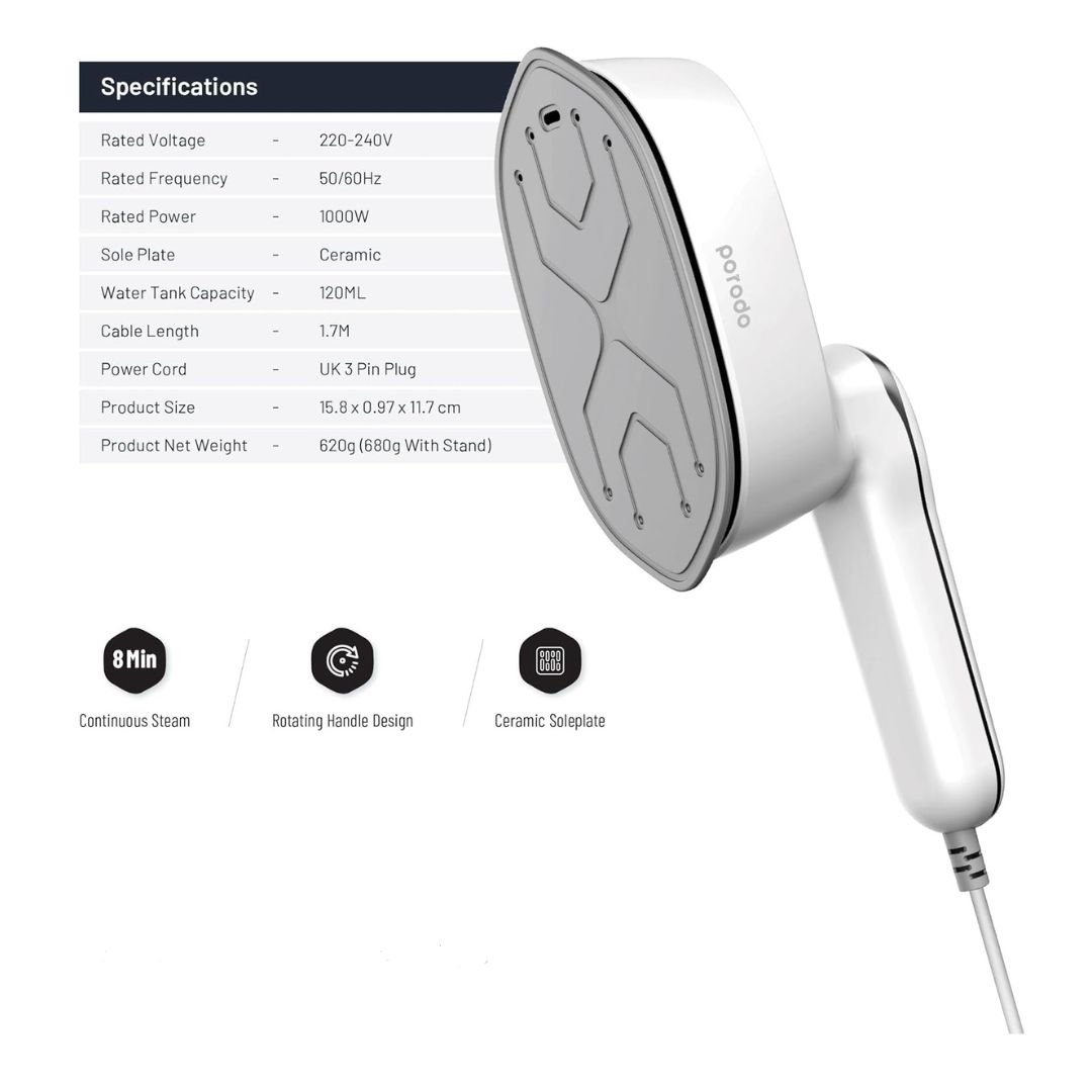 Porodo Lifestyle Mini Steam Iron 1000W UK with Rotatable handle - White — image 4