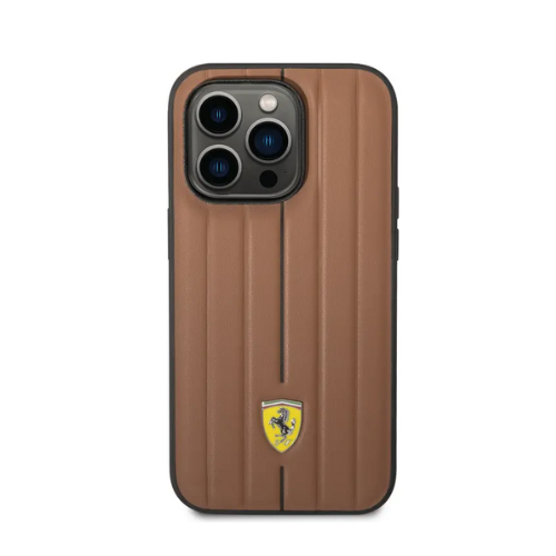 Ferrari Leather Case with Embossed Stripes & Yellow Shield Logo iPhone 14 Pro Max Compatibility - Camel — image 2