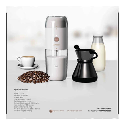 Lepresso 2 in 1 Coffee Grinder & Milk Frothing 150ML – White Lpmfgrwh — image 2