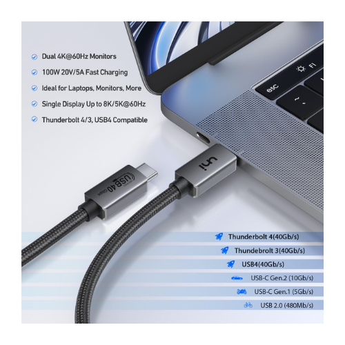 Powerology 8k Vedio USB4 Type C 40GBPS Data Braided Cable Gray — image 3
