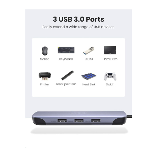 Ugreen 10CM Gray USB C 5 in 1 Multifunction Adapter with 3 USB 3.2 Gen, 1 HDMI port and Type C 100W PD port — image 4