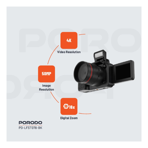 Porodo Lifestyle Digital Camera 16X Zoom Flip Flash Black — image 2