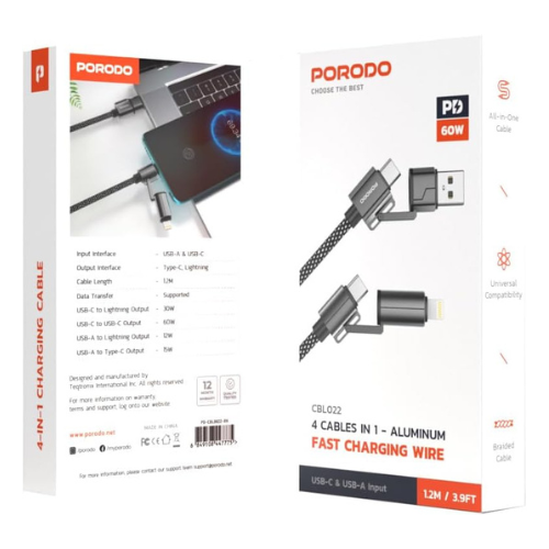 Porodo 4-In-1 Fast Charging Cable, PD 60W, USB-A & USB-C Inputs, USB-C & Lightning Head Output, 1.2M Braided Cable — image 2