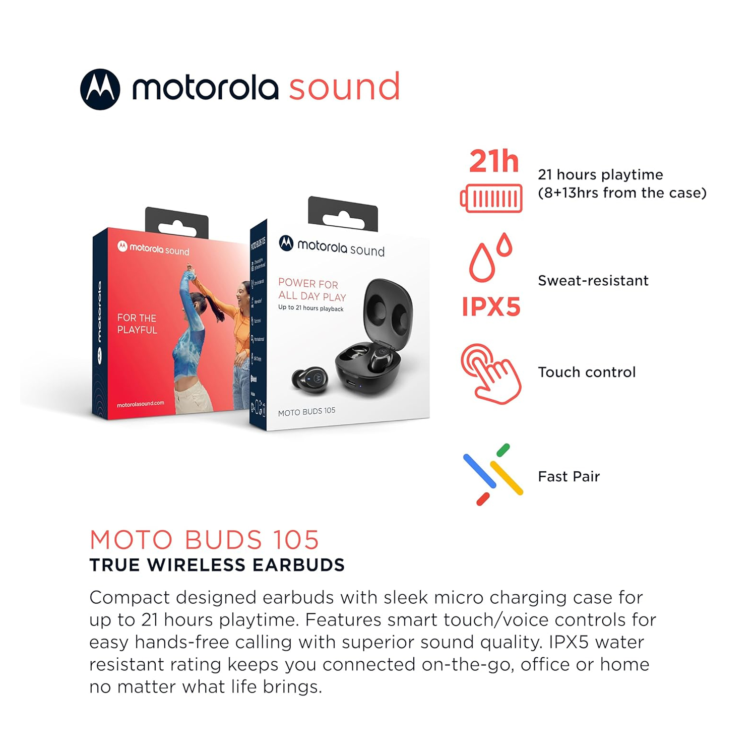 Motorola Buds 105 TWS Earbuds, Touch Control, Black — image 5
