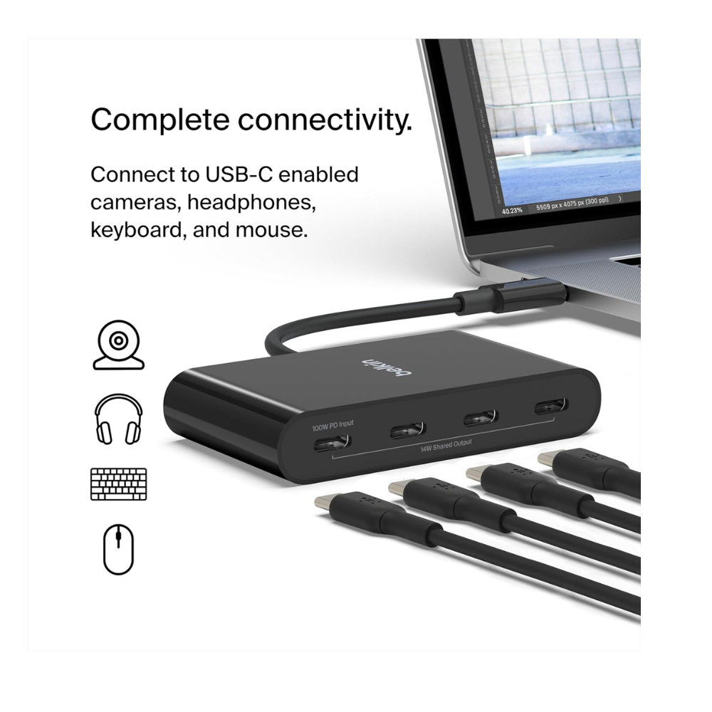 Belkin USB C 4 Port Mini Hub 5Gbps Data Transfer Speeds (shared) F4U090btBLK — image 4