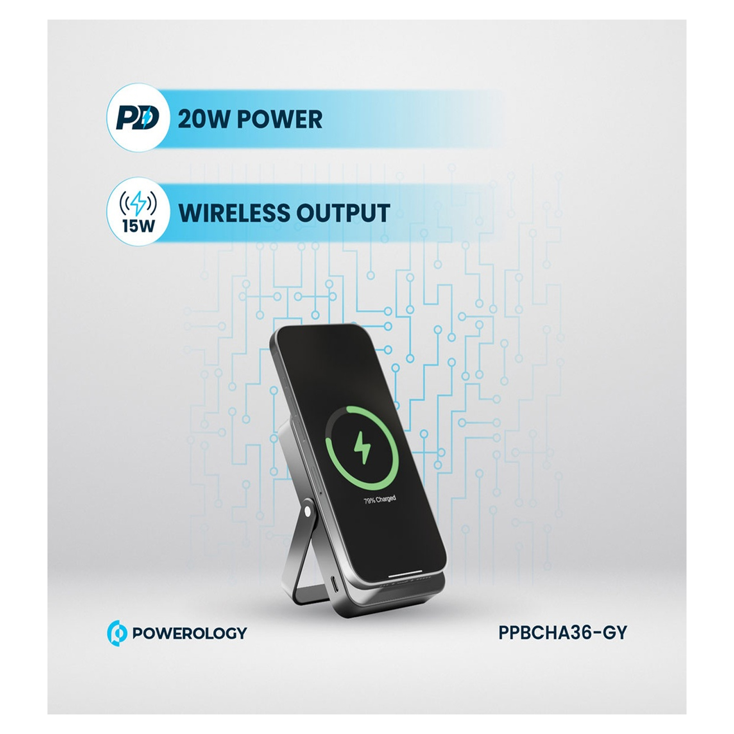 Powerology 10000mAh MagSafe Power Bank 20W PD Fast Charging + 15W Wireless (Grey) — image 3