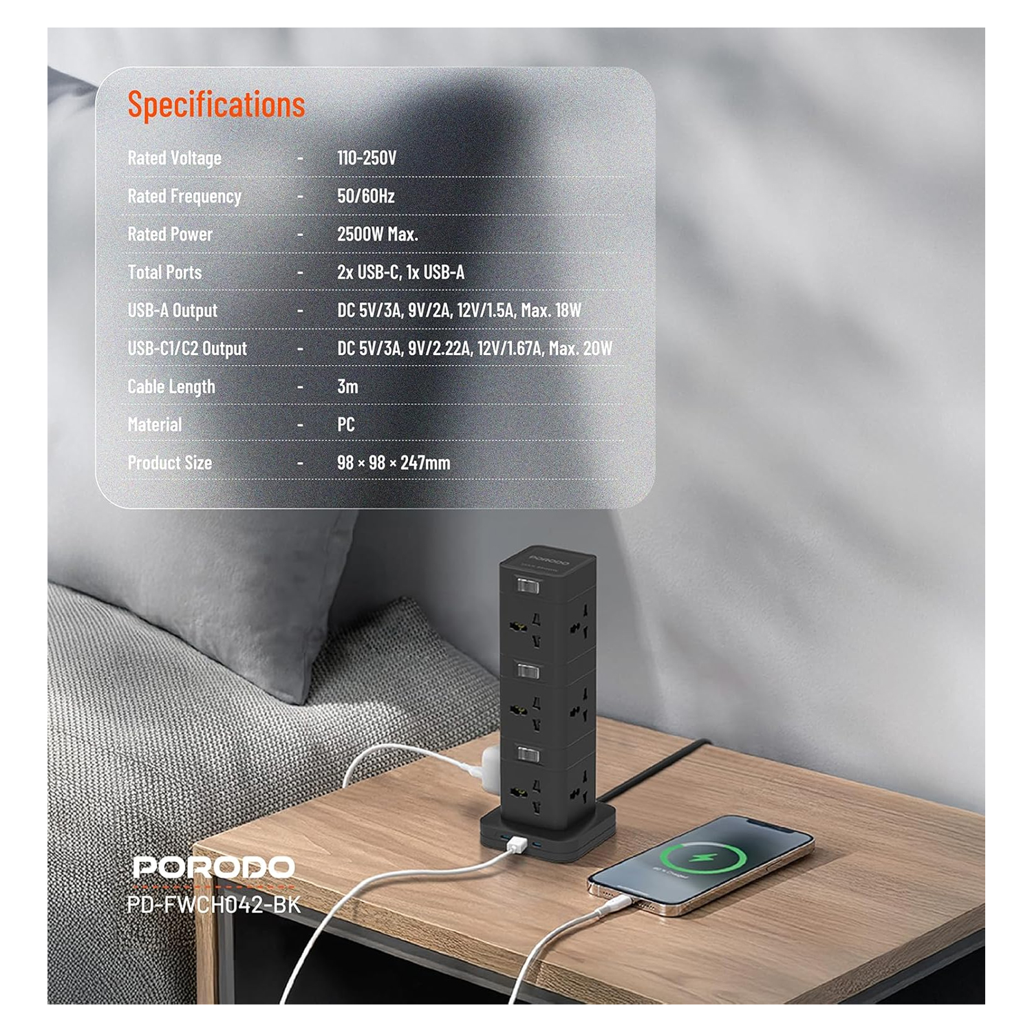 Porodo 12AC Power Hub, USB C PD & QC 3.0 Ports — image 6