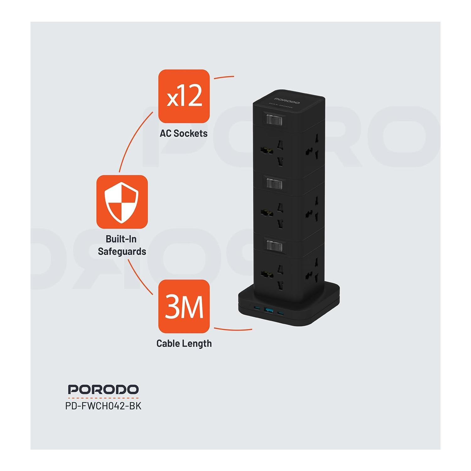 Porodo 12AC Power Hub, USB C PD & QC 3.0 Ports — image 5