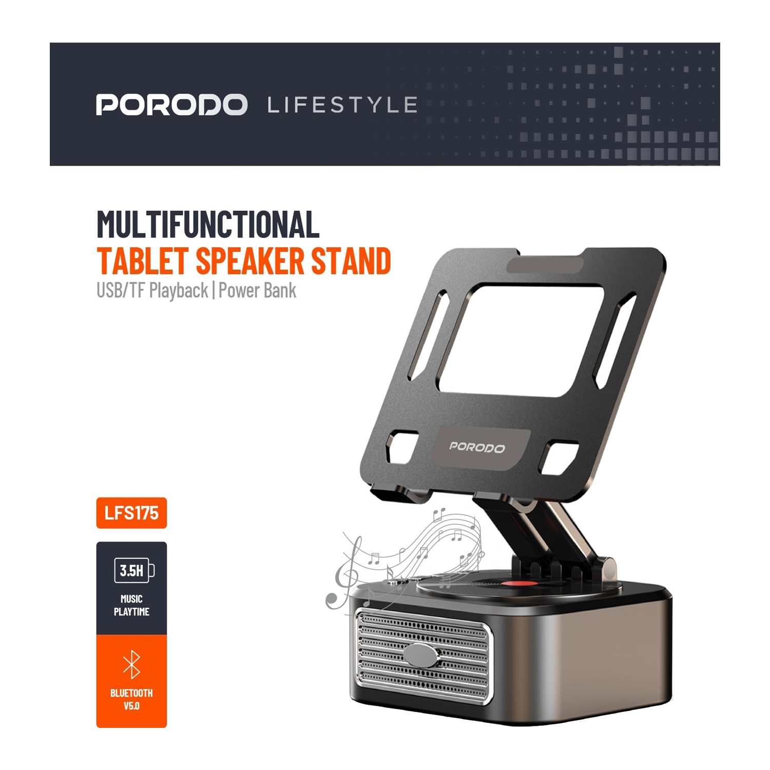 Porodo Lifestyle Multifunctional Tablet Speaker Stand - Black — image 3