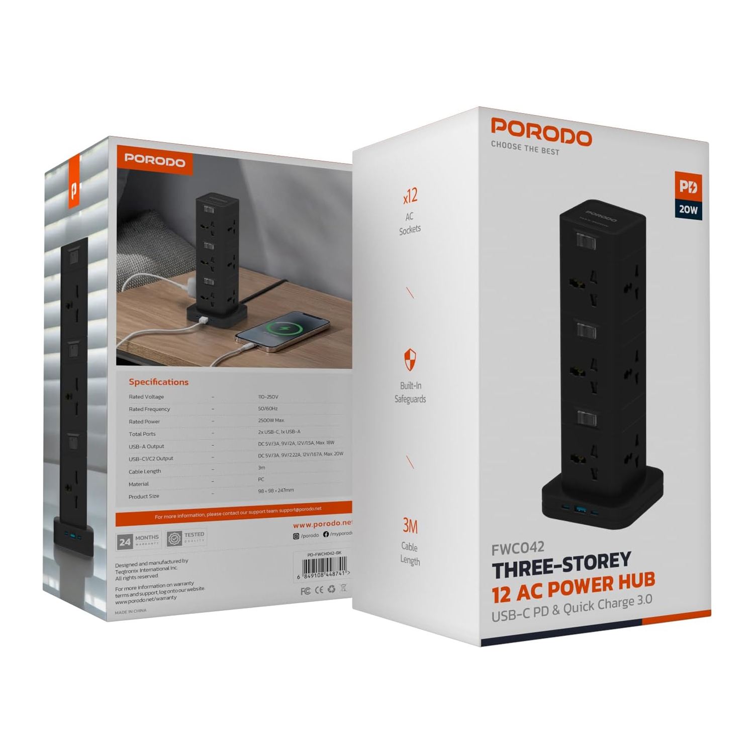 Porodo 12AC Power Hub, USB C PD & QC 3.0 Ports — image 2