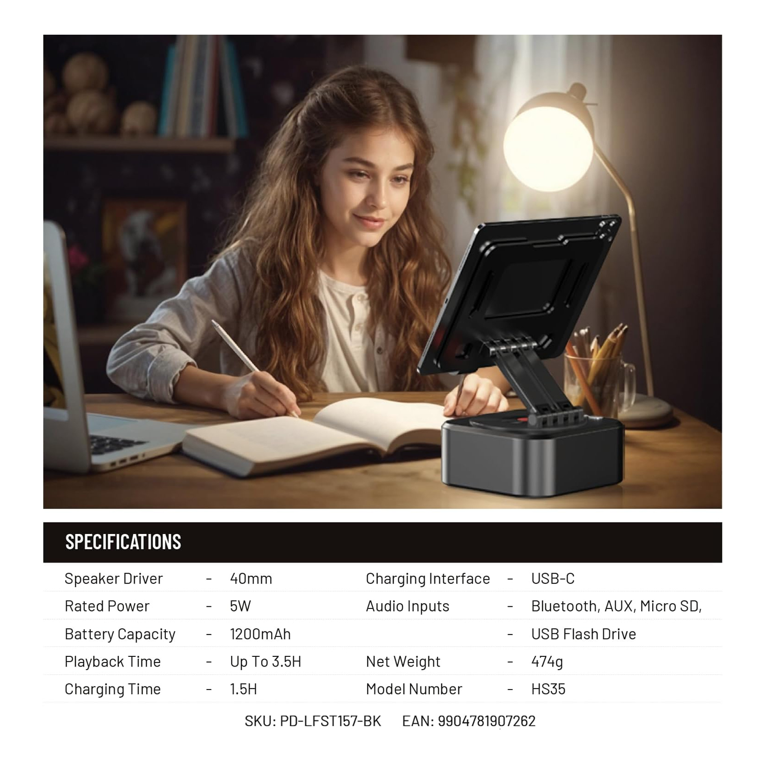 Porodo Lifestyle Multifunctional Tablet Speaker Stand - Black — image 2