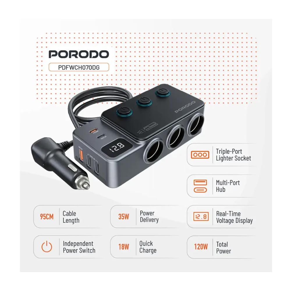 Porodo 120W Car Charger Hub Tripple Port Lighter Socket — image 3