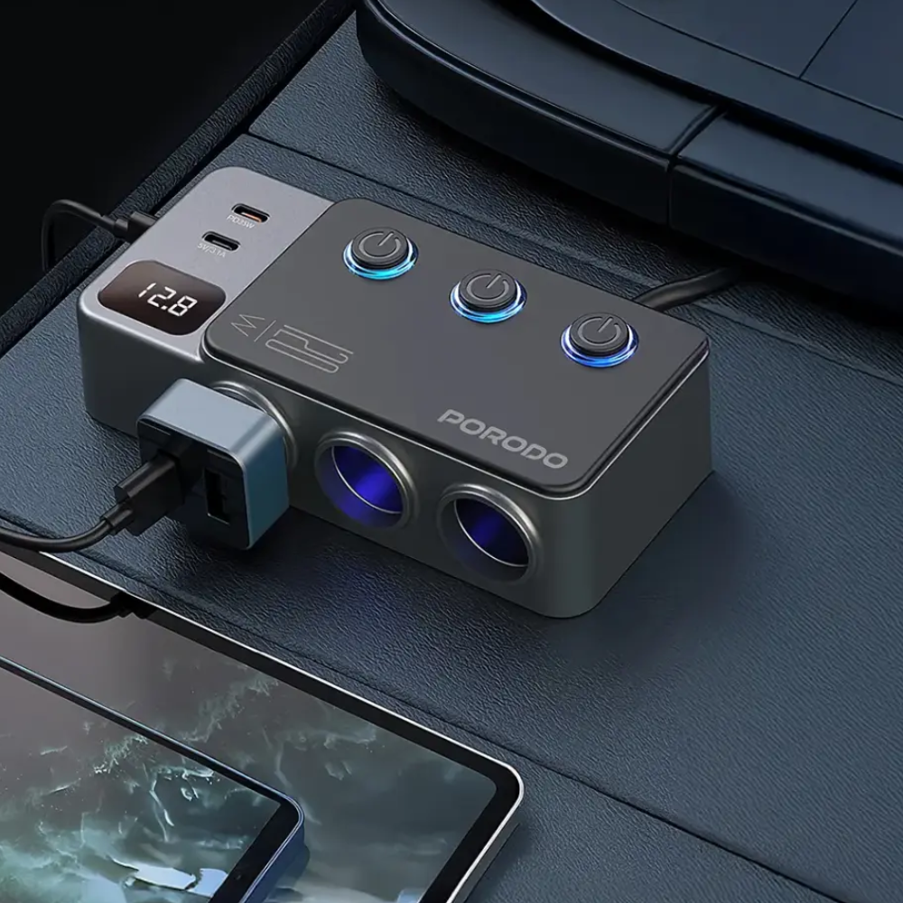 Porodo 120W Car Charger Hub Tripple Port Lighter Socket — image 4