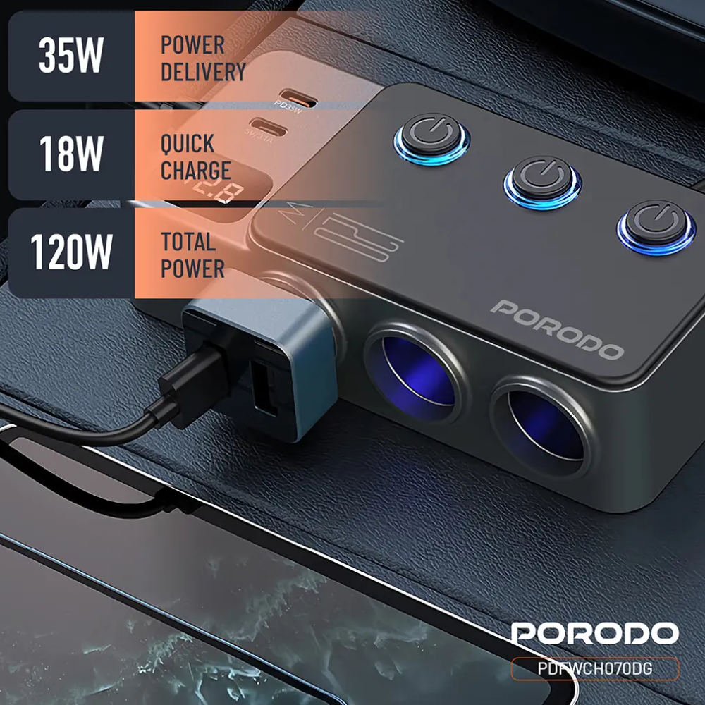 Porodo 120W Car Charger Hub Tripple Port Lighter Socket — image 6