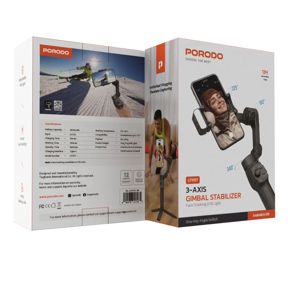 Porodo Gimbal Stabilizer Powerful 3-Axis Portable with Magnetic Fill Light — image 2