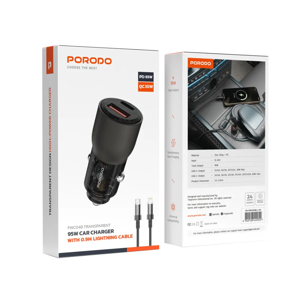 Porodo 95W Car Charger Transparent With 0.9M Lightning Cable — image 2