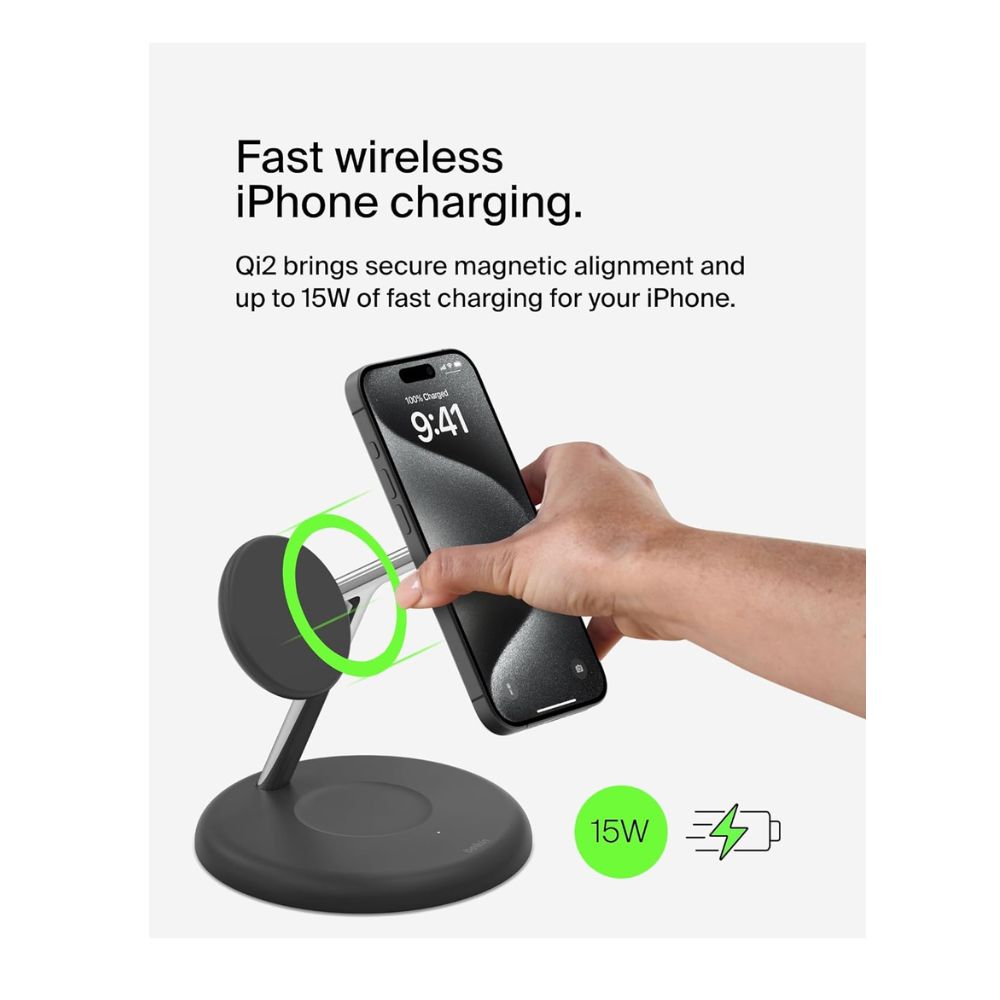 Belkin BoostCharge 3-in-1 Qi2 wireless charger, MagSafe compatible, for Apple iPhone 16 Series, Apple Watch, AirPods, PSU Included - Black / White — image 3