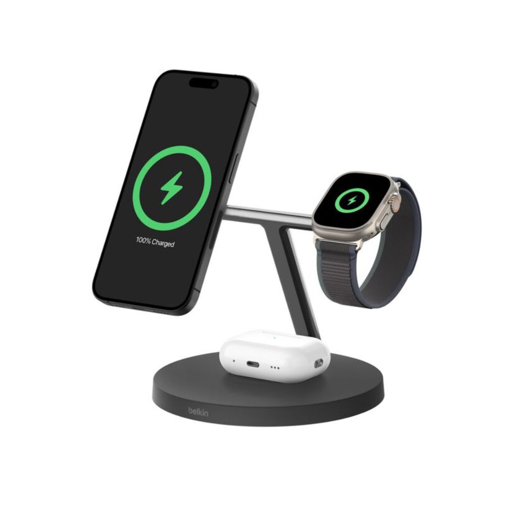 Belkin BoostCharge 3-in-1 Qi2 wireless charger, MagSafe compatible, for Apple iPhone 16 Series, Apple Watch, AirPods, PSU Included - Black / White — image 2