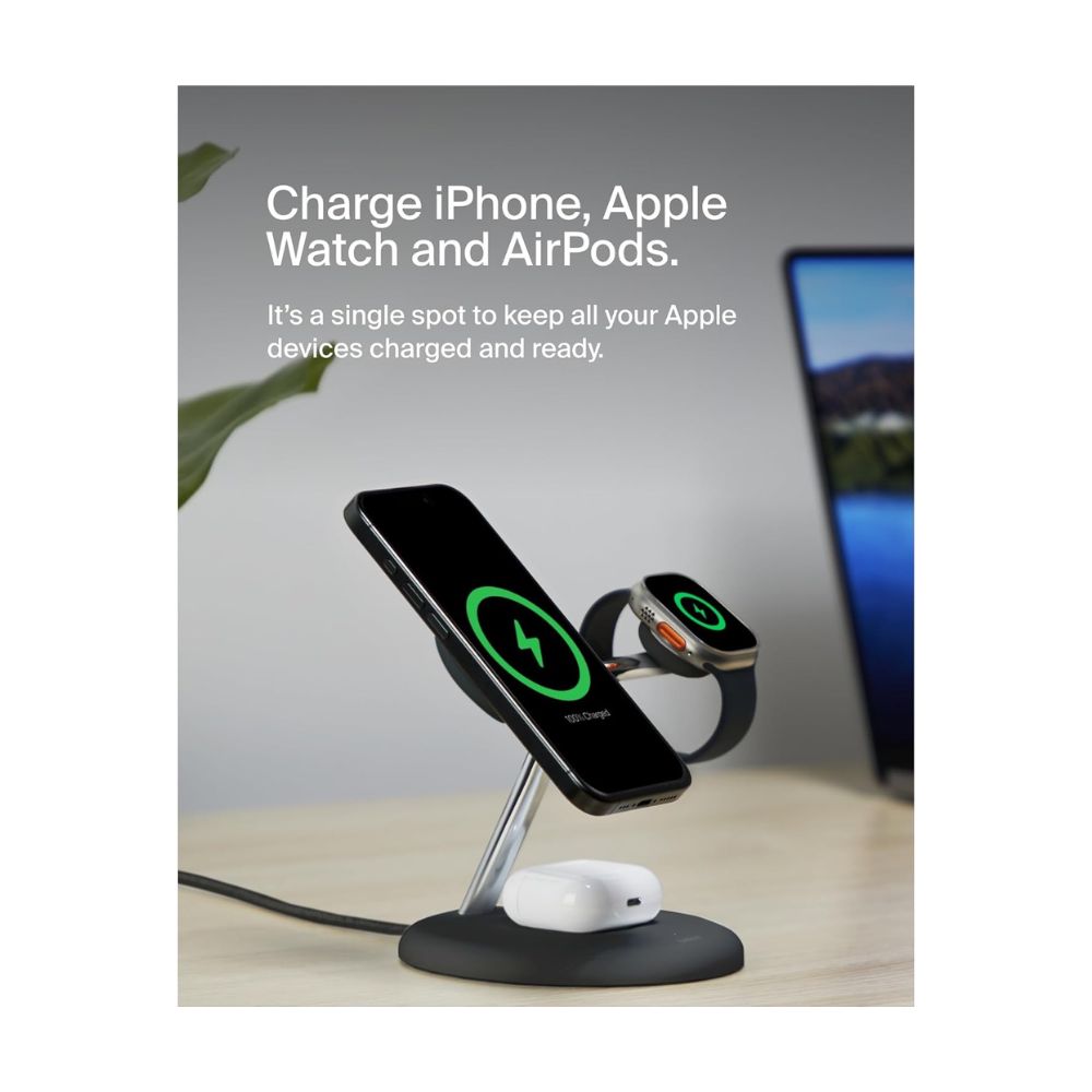 Belkin BoostCharge 3-in-1 Qi2 wireless charger, MagSafe compatible, for Apple iPhone 16 Series, Apple Watch, AirPods, PSU Included - Black / White — image 6
