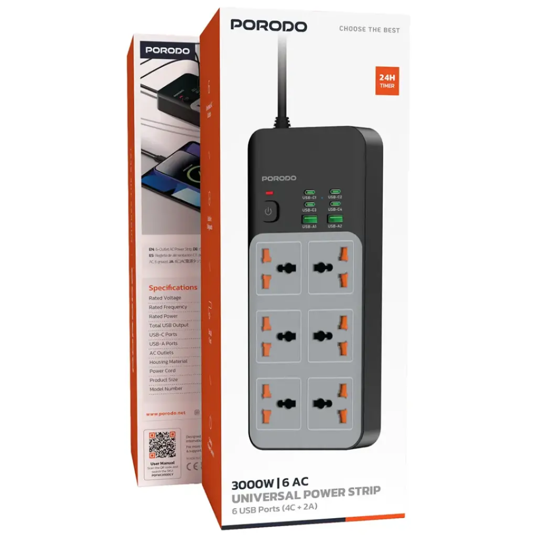 Porodo 30002 | 7AC , Universal Power Strip 6 USB Ports 4C + 2A — image 3