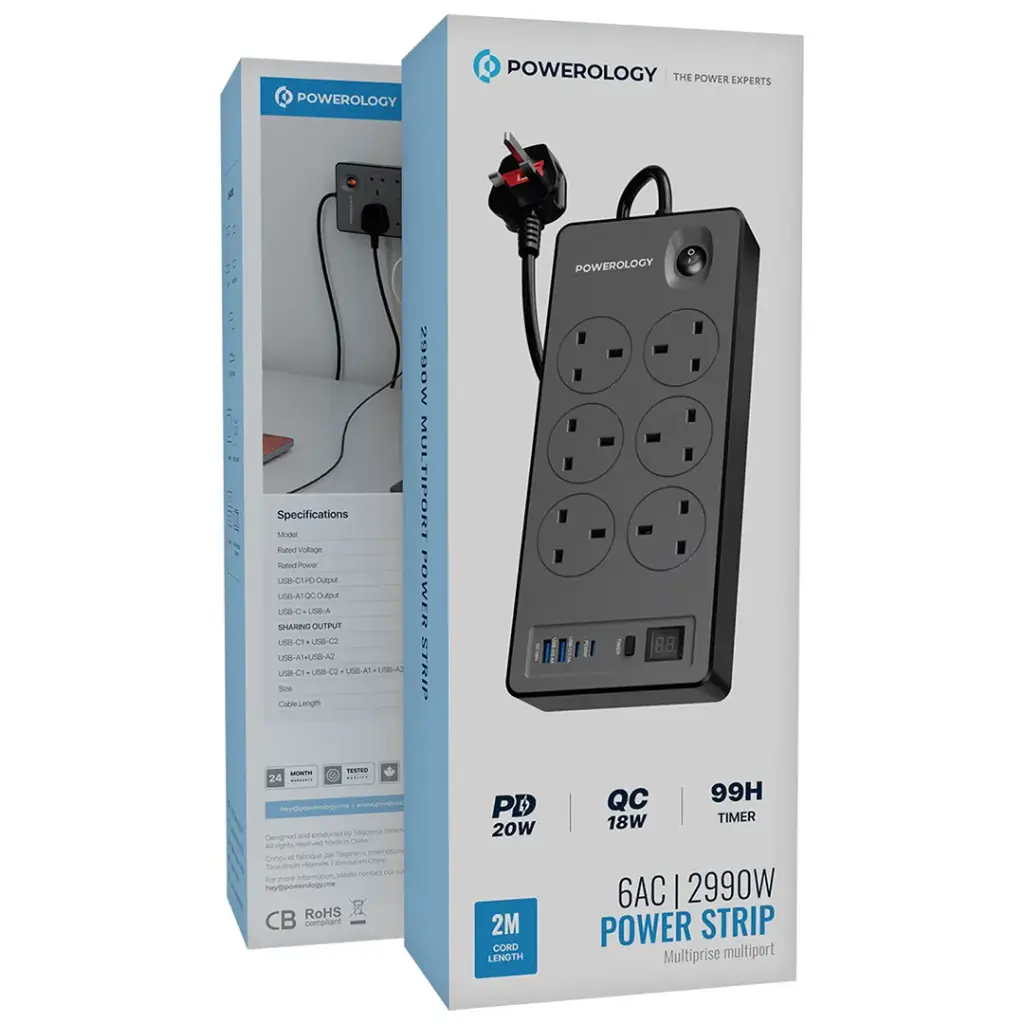 POWEROLOGY Timing Control USB 6-Socket 20W AC Power Strip 2990W — image 2