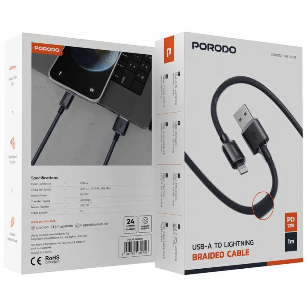 Porodo USB A to Lightning Braided Cable Blk PDCBL0036BK — image 3