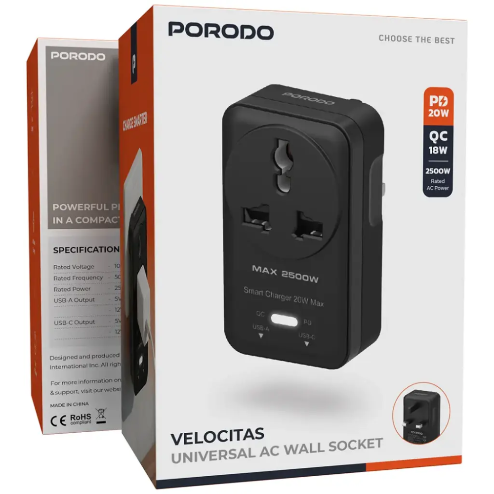 Porodo Velocitas Universal Ac Wall Socket Black Pdukaun01 Dbk — image 1