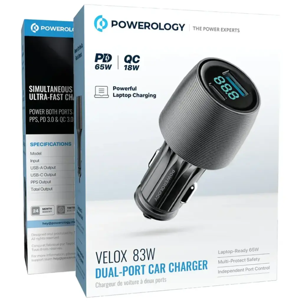 Powerology Velox 83W Dual Port Car Charger with Type C to Type C Cable 1M PCCSR020CBK — image 2