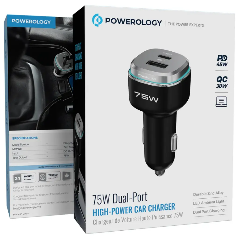 Powerology 75W Dual Port High Power Car Charger with Type C PCCSR024BKGYC — image 3