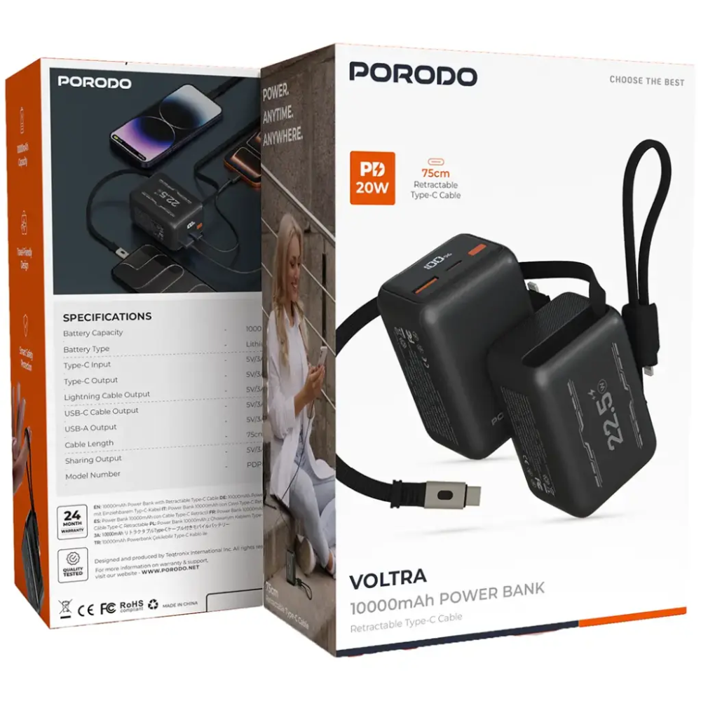 Porodo Voltra 10000 mAh Power Bank Retractable Type C Cable PDPBFCH2210BK — image 2