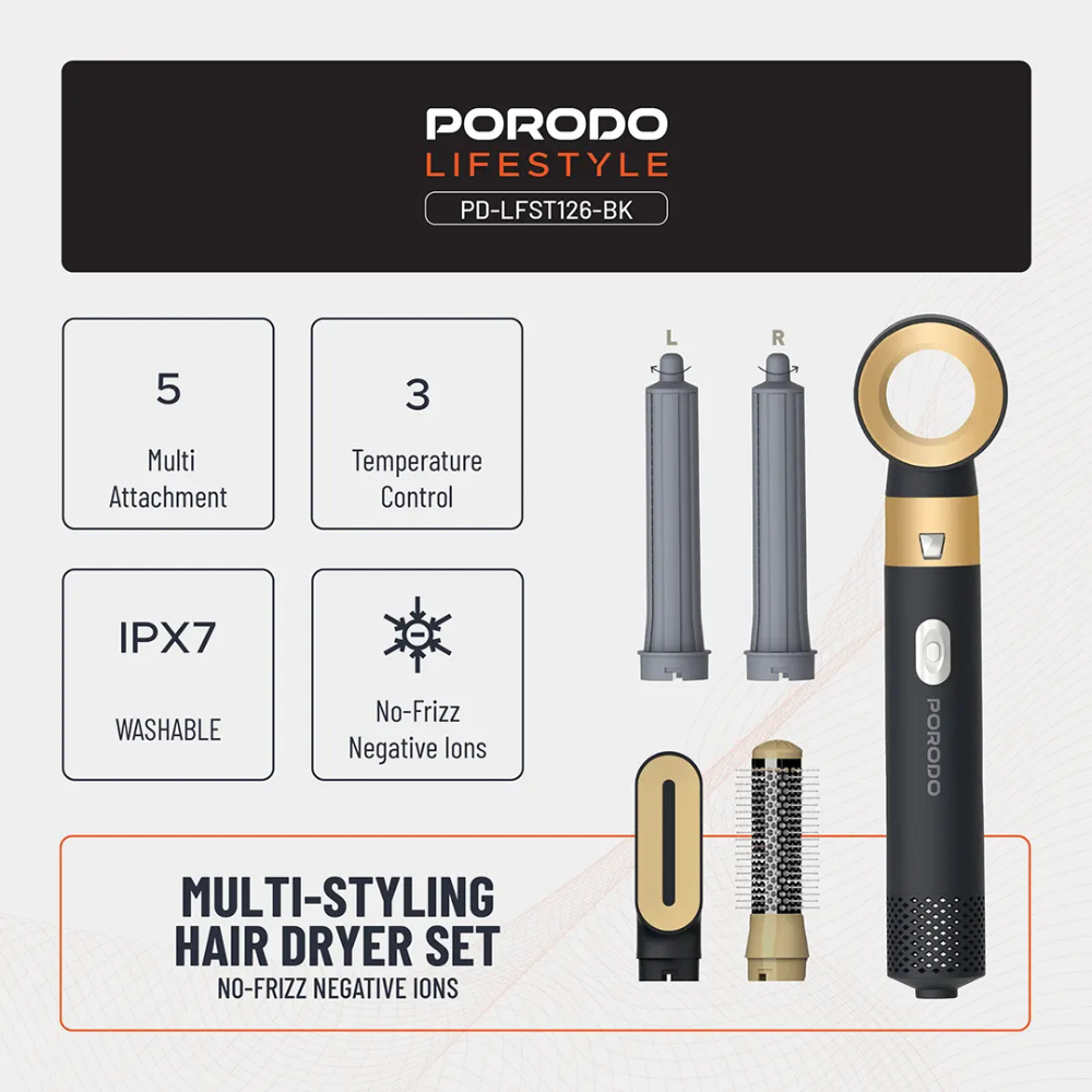 Porodo Lifestyle Multi-Styling Hair Dryer Set - Black PDLFST126BK — image 3