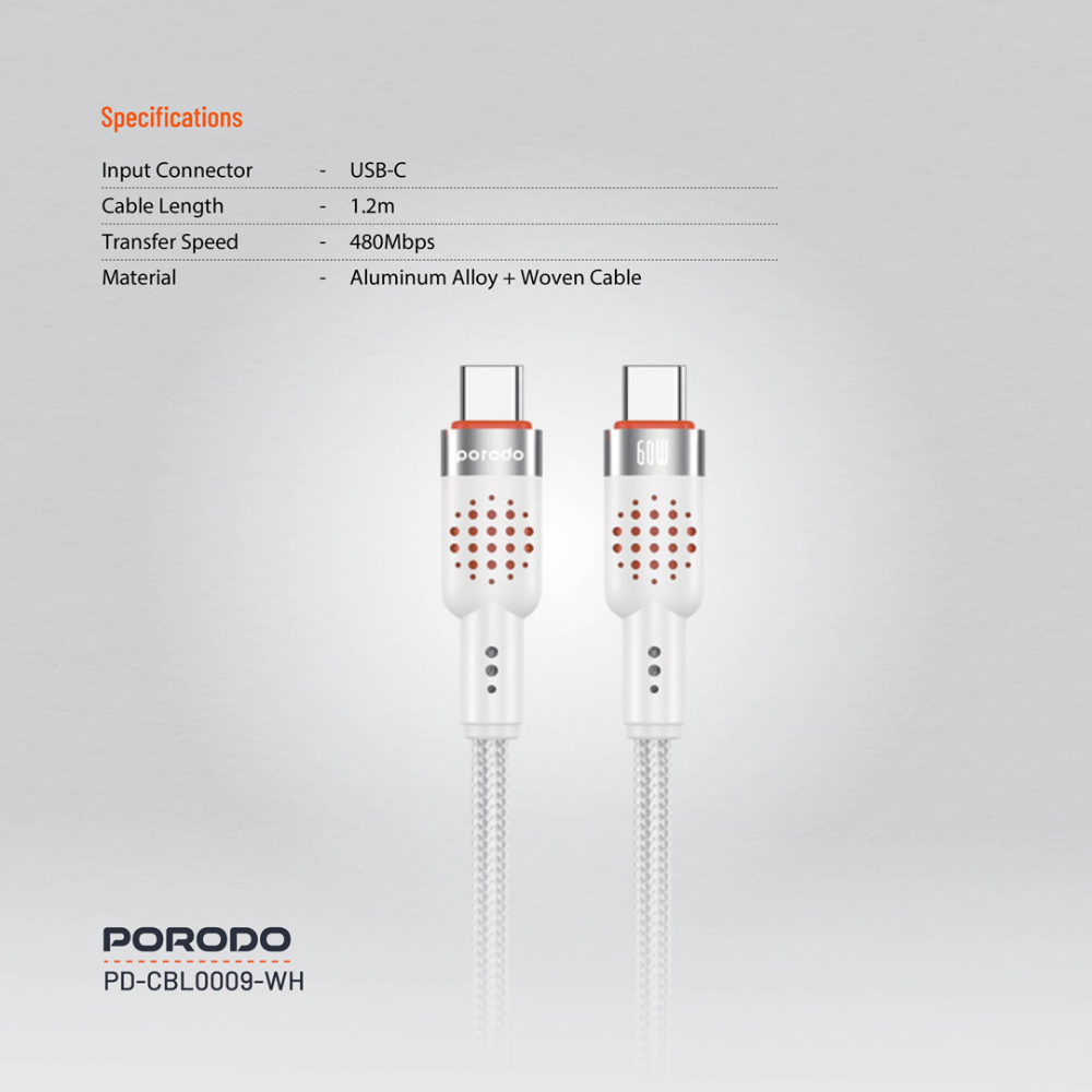 Porodo 60W USB C to USB C Aluminum Braided Cable Data or Fast Charge 1.2M PD-CBL-0009-WH — image 3