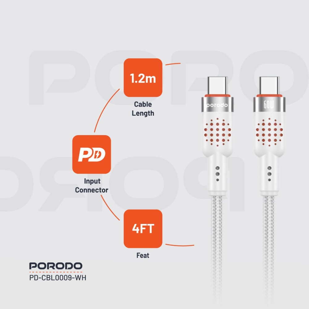 Porodo 60W USB C to USB C Aluminum Braided Cable Data or Fast Charge 1.2M PD-CBL-0009-WH — image 2
