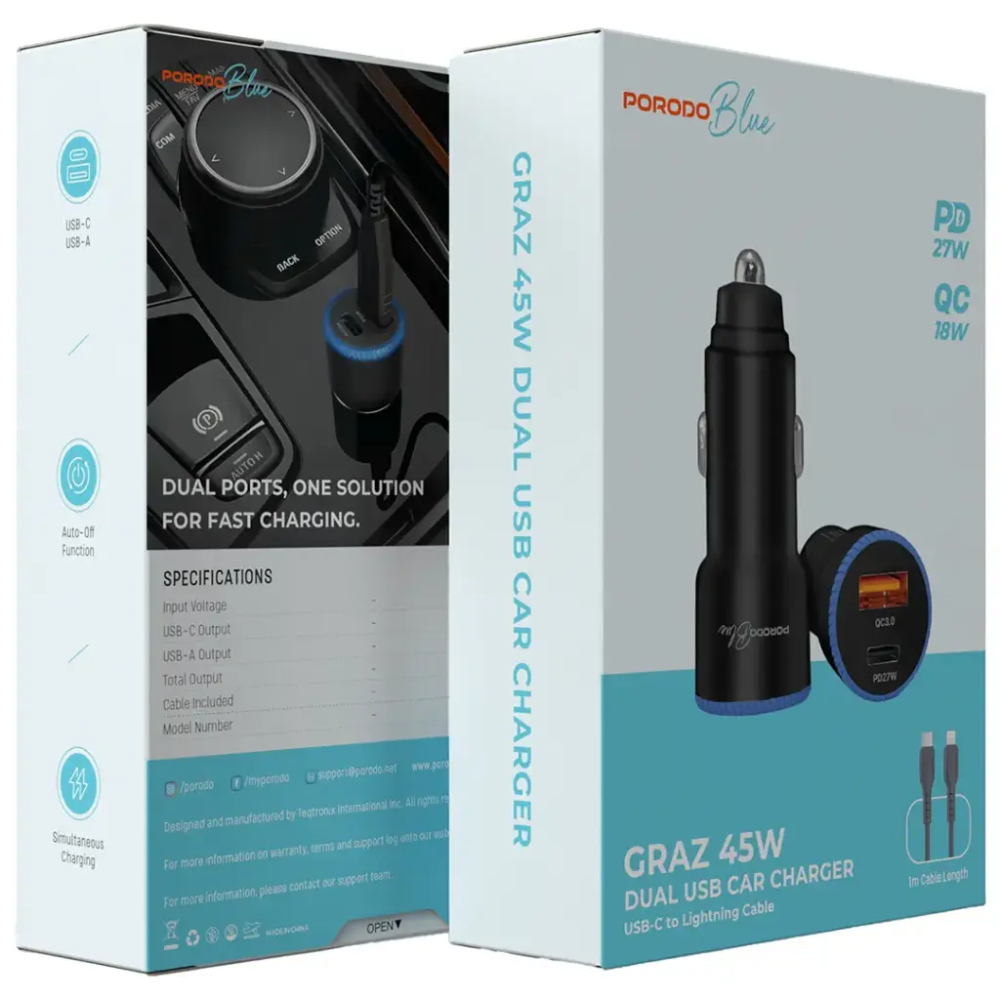 Porodo Blue Graz 45W PD 27W QC 18W USB C Car Charger USB C to USB C Cable Black PBCCR51CBK — image 3