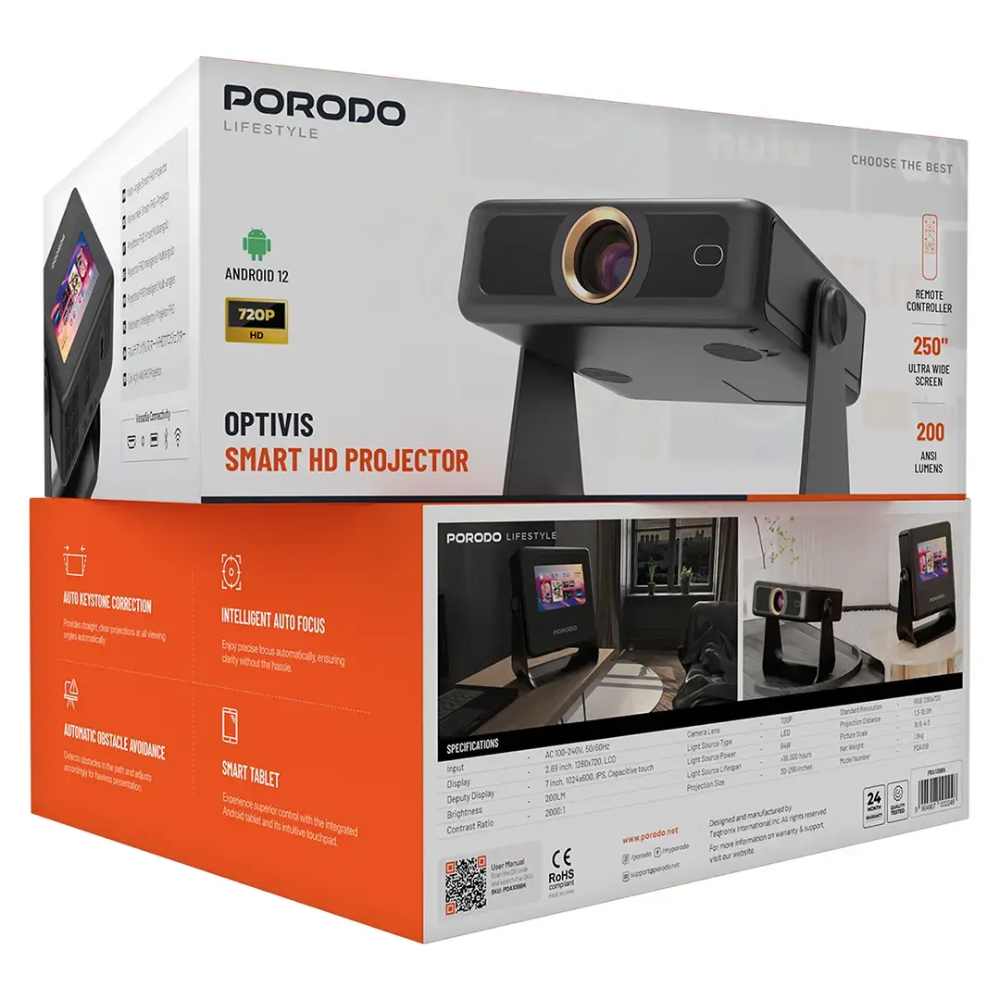 Porodo Lifestyle Optivis Smart Hd Projector Ultra Wide Screen Black Pda10 Bbk — image 3