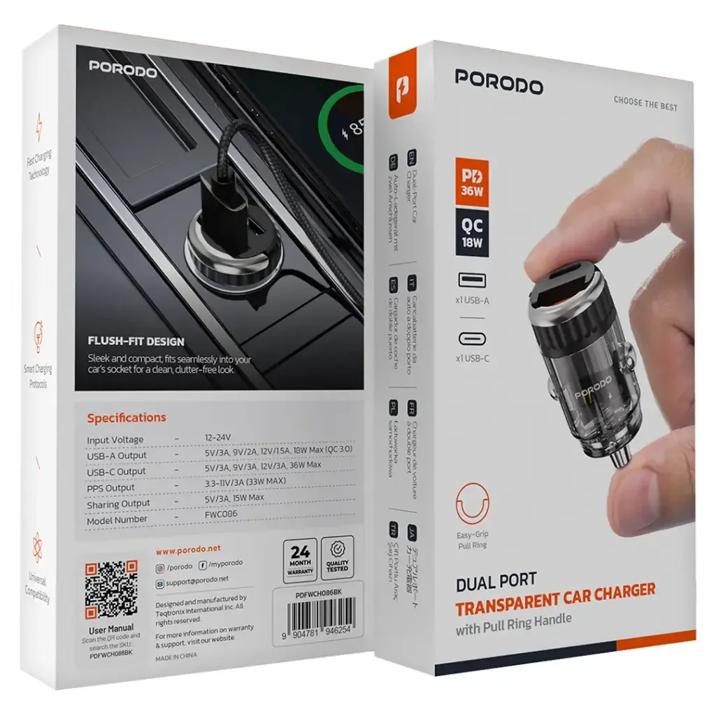 Porodo Dual Port Transparent Car Charger with USB C to USB C Cable — image 4